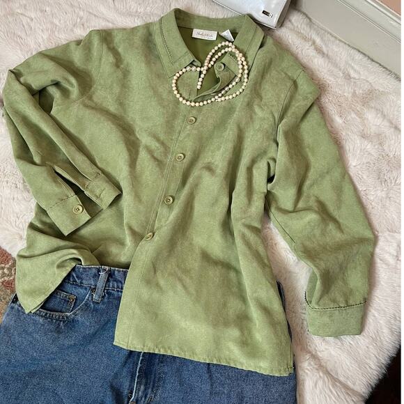 studio works petite textured apple green button front shirt Cuff sleeve sz pl - Picture 10 of 11